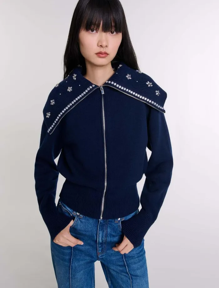 Sweaters and Cardigans Women Maje Cardigan With Jewellery Neck Navy