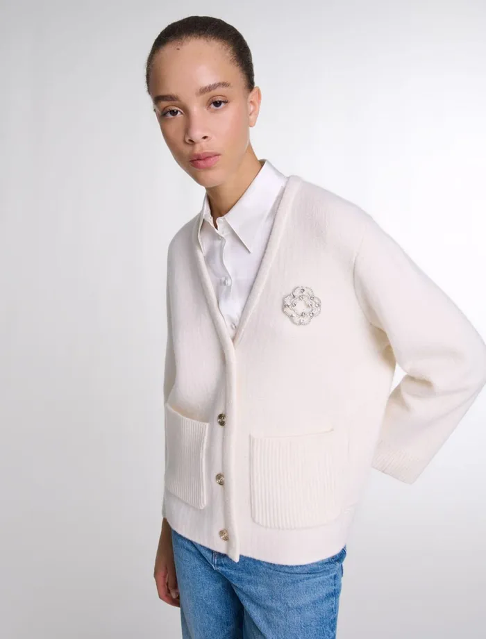Sweaters and Cardigans Women Maje Knit Cardie With Rhinestone Clover Ecru