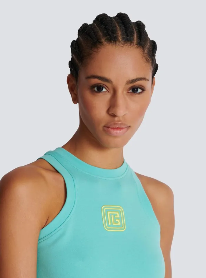 Tank Top With Retro PB Embroidery Blue Women Balmain TShirts