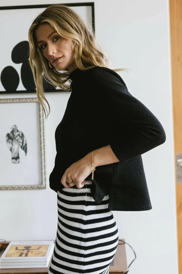 Textured Mock Neck Top In Black Black Women Bohme Tees and Tanks