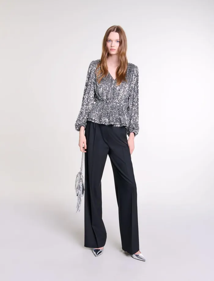 Tops and Shirts Women Maje Smocked Sequin Top Silver