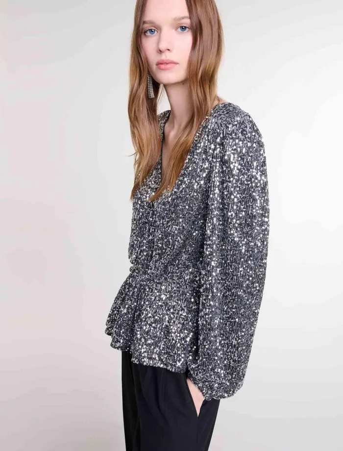Tops and Shirts Women Maje Smocked Sequin Top Silver