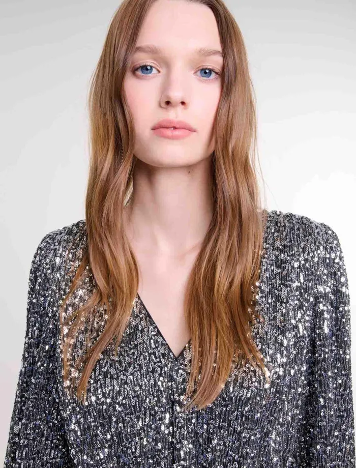 Tops and Shirts Women Maje Smocked Sequin Top Silver