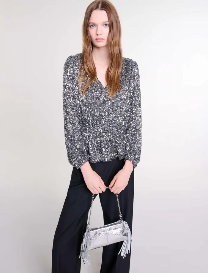 Tops and Shirts Women Maje Smocked Sequin Top Silver