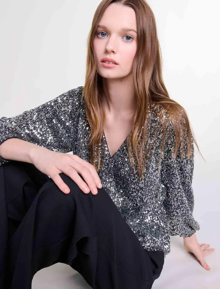 Tops and Shirts Women Maje Smocked Sequin Top Silver