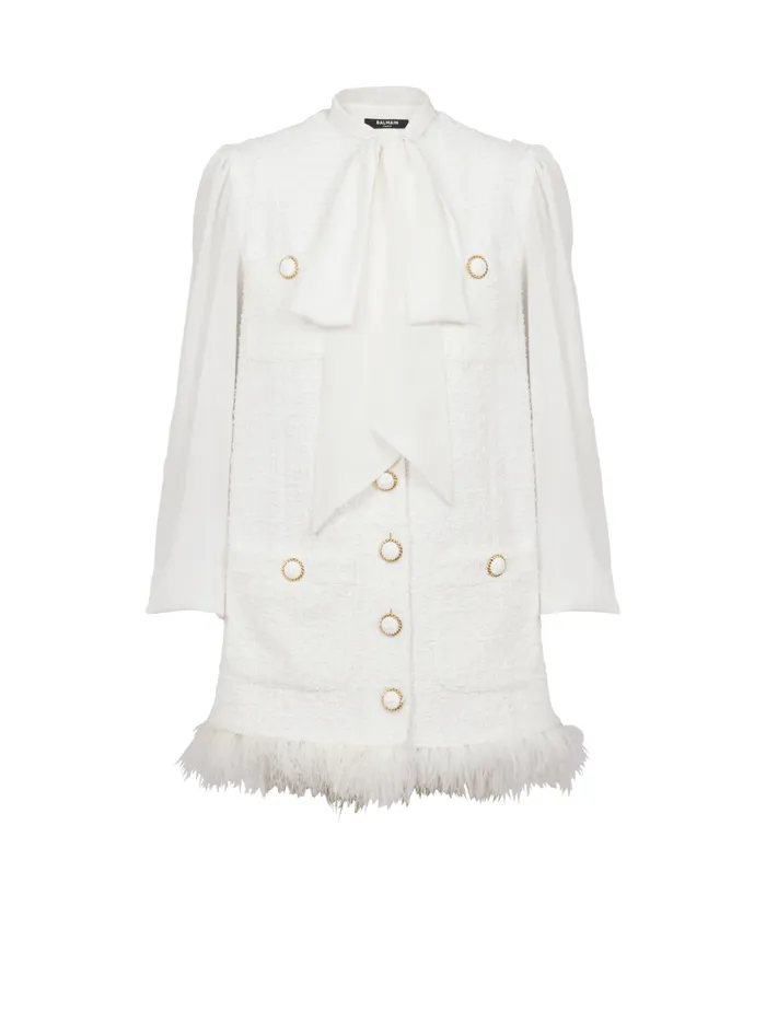 Tweed Dress With Pussybow Collar White Women Balmain Dresses