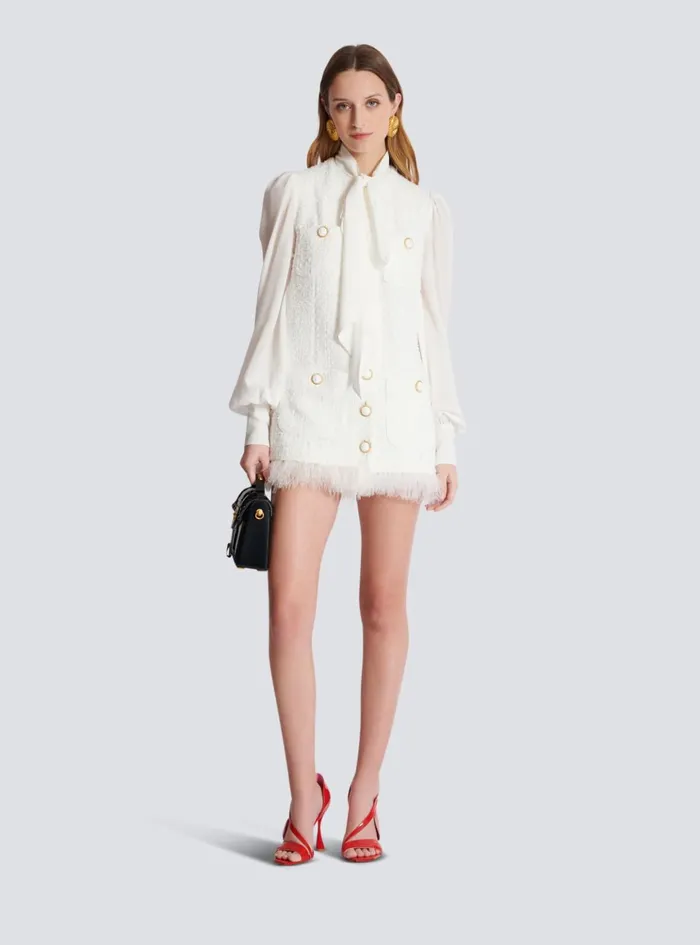 Tweed Dress With Pussybow Collar White Women Balmain Dresses