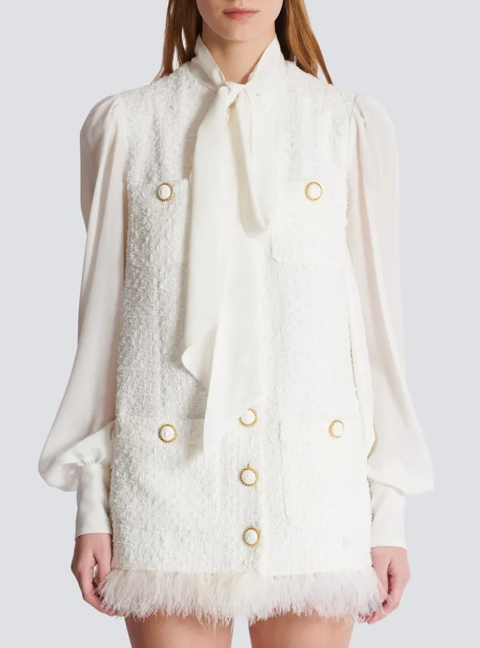Tweed Dress With Pussybow Collar White Women Balmain Dresses