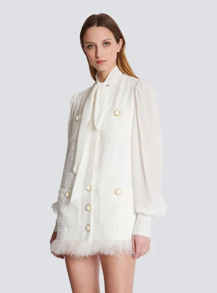 Tweed Dress With Pussybow Collar White Women Balmain Dresses
