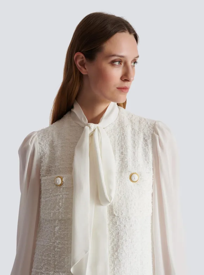 Tweed Dress With Pussybow Collar White Women Balmain Dresses