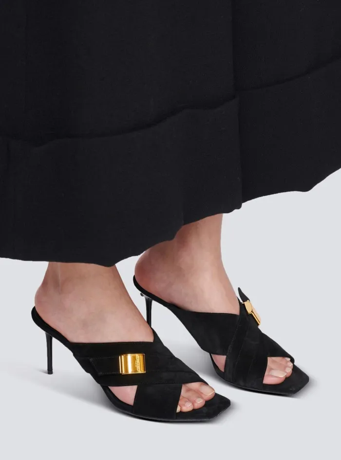 Uma Mules In Suede Leather Black Women Balmain High Heels and Pumps