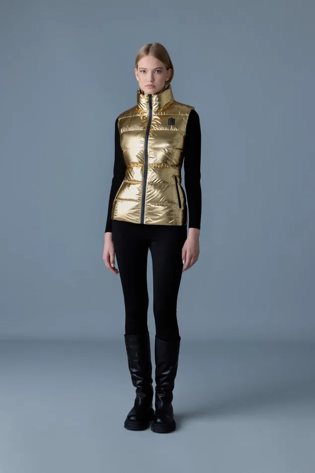 Vests Women Mackage GISELAM Metallic Laminate Light Down Vest Gold Vests Women Mackage GISELAM Metallic Laminate Light Down Vest Gold