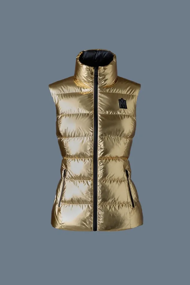 Vests Women Mackage GISELAM Metallic Laminate Light Down Vest Gold Vests Women Mackage GISELAM Metallic Laminate Light Down Vest Gold