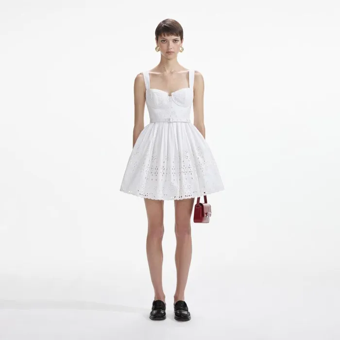 White Cotton Broderie Mini Dress Women Self Portrait Dresses