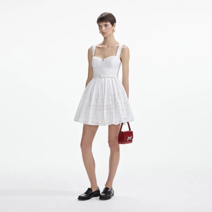 White Cotton Broderie Mini Dress Women Self Portrait Dresses White Cotton Broderie Mini Dress Women Self Portrait Dresses