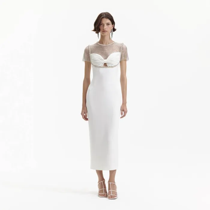 White Diamante Crepe Midi Dress Women Self Portrait Dresses