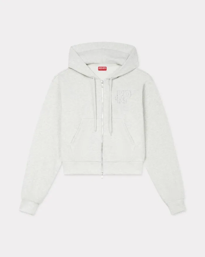 Women 039KENZO Constellation039 Cropped Zipped Hoodie In Cotton Pale Grey Kenzo Sweatshirts And Hoodies Women 039KENZO Constellation039 Cropped Zipped Hoodie In Cotton Pale Grey Kenzo Sweatshirts And Hoodies