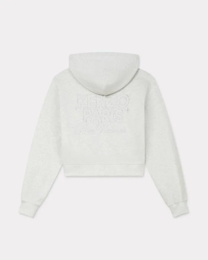 Women 039KENZO Constellation039 Cropped Zipped Hoodie In Cotton Pale Grey Kenzo Sweatshirts And Hoodies