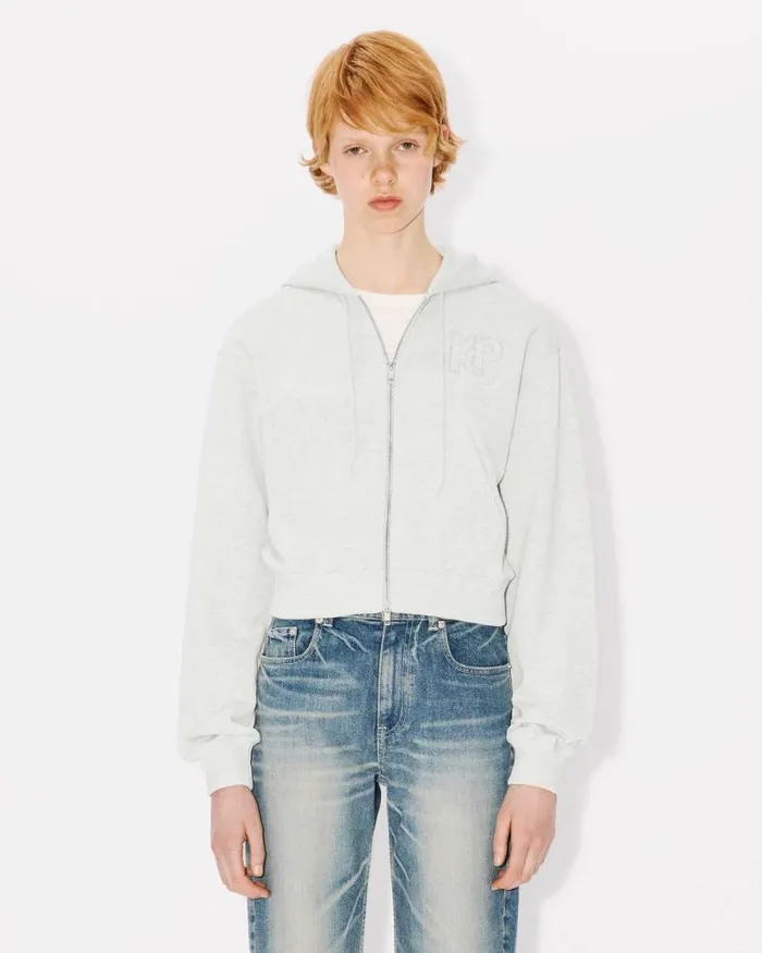 Women 039KENZO Constellation039 Cropped Zipped Hoodie In Cotton Pale Grey Kenzo Sweatshirts And Hoodies