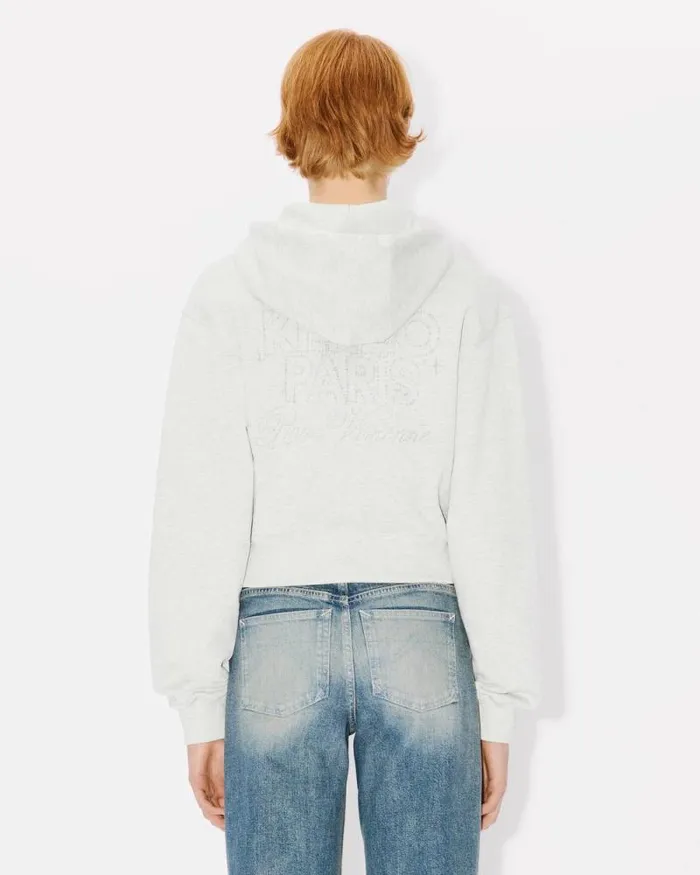Women 039KENZO Constellation039 Cropped Zipped Hoodie In Cotton Pale Grey Kenzo Sweatshirts And Hoodies