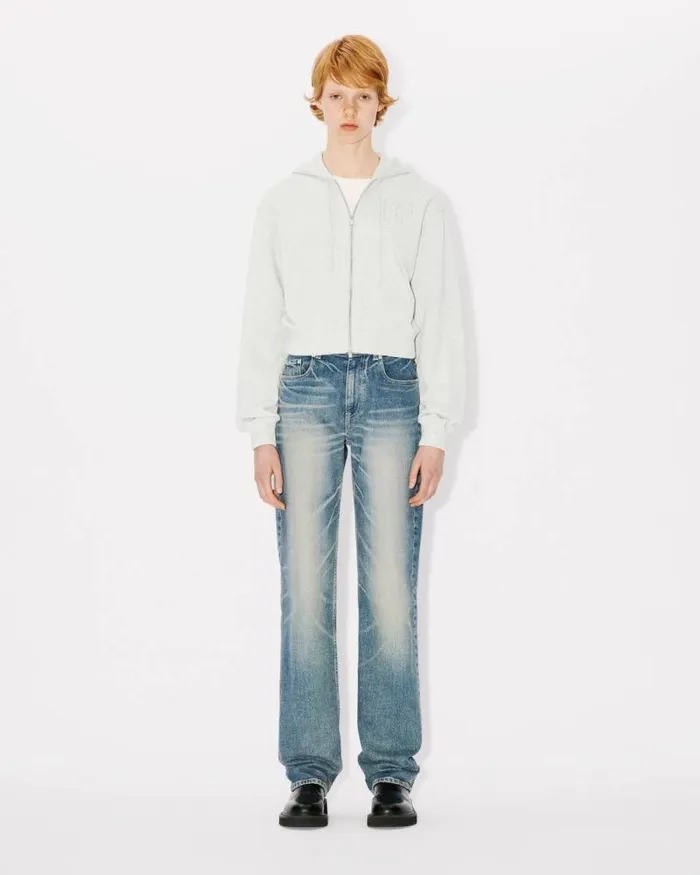 Women 039KENZO Constellation039 Cropped Zipped Hoodie In Cotton Pale Grey Kenzo Sweatshirts And Hoodies