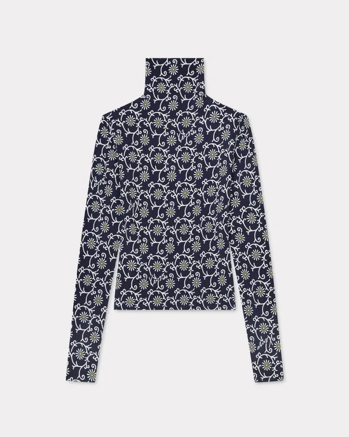 Women 039KENZO Marguerite039 Allover Turtle Neck Blue Black Kenzo Shirts And Tops