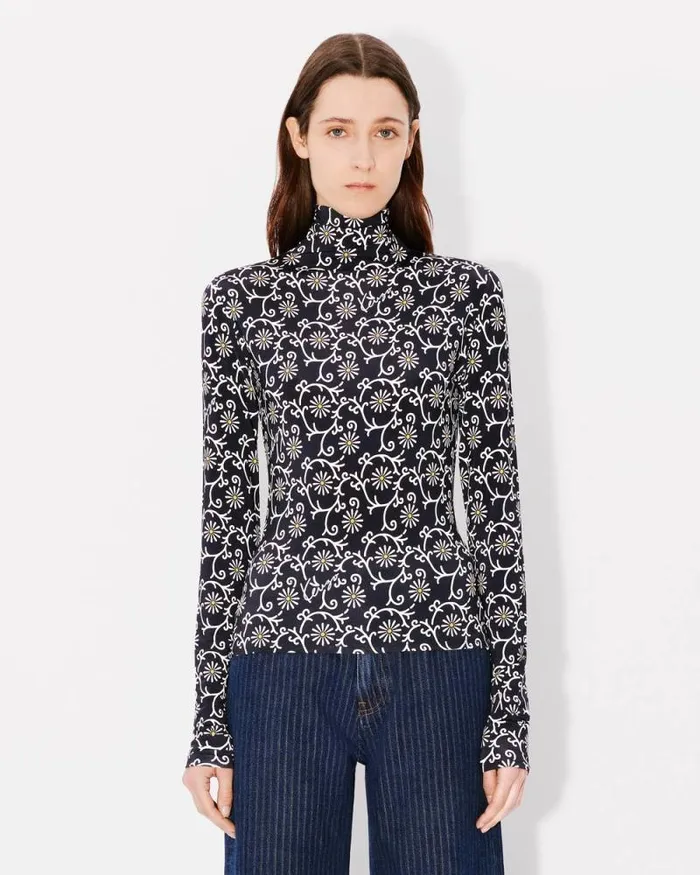 Women 039KENZO Marguerite039 Allover Turtle Neck Blue Black Kenzo Shirts And Tops