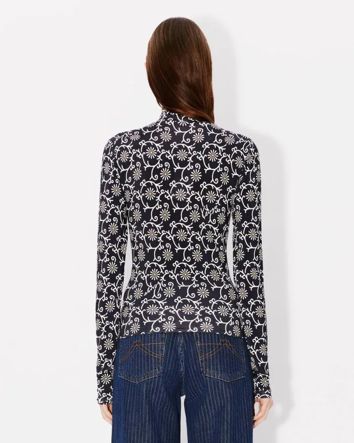 Women 039KENZO Marguerite039 Allover Turtle Neck Blue Black Kenzo Shirts And Tops