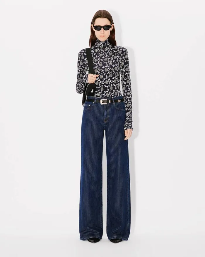Women 039KENZO Marguerite039 Allover Turtle Neck Blue Black Kenzo Shirts And Tops