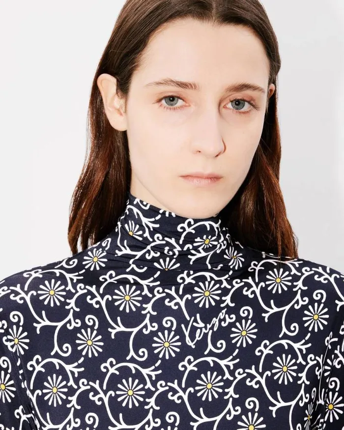 Women 039KENZO Marguerite039 Allover Turtle Neck Blue Black Kenzo Shirts And Tops