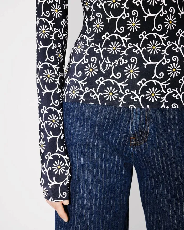 Women 039KENZO Marguerite039 Allover Turtle Neck Blue Black Kenzo Shirts And Tops