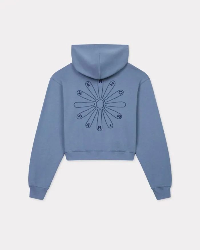 Women 039KENZO Marguerite039 Embroidered Cropped Hoodie In Cotton Blue Kenzo Sweatshirts And Hoodies