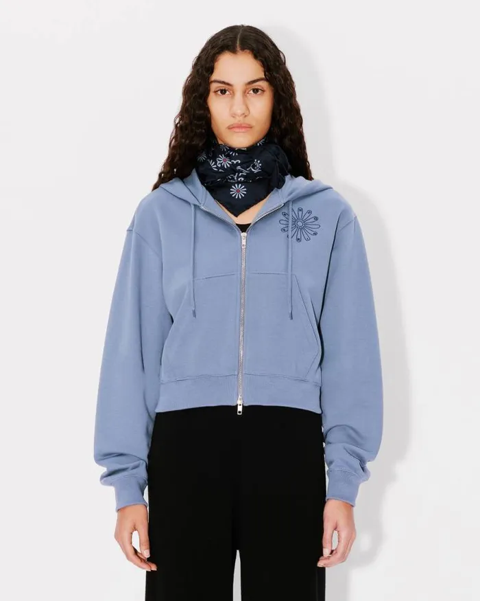 Women 039KENZO Marguerite039 Embroidered Cropped Hoodie In Cotton Blue Kenzo Sweatshirts And Hoodies