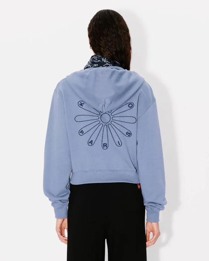 Women 039KENZO Marguerite039 Embroidered Cropped Hoodie In Cotton Blue Kenzo Sweatshirts And Hoodies