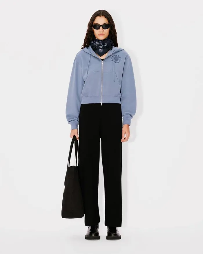 Women 039KENZO Marguerite039 Embroidered Cropped Hoodie In Cotton Blue Kenzo Sweatshirts And Hoodies