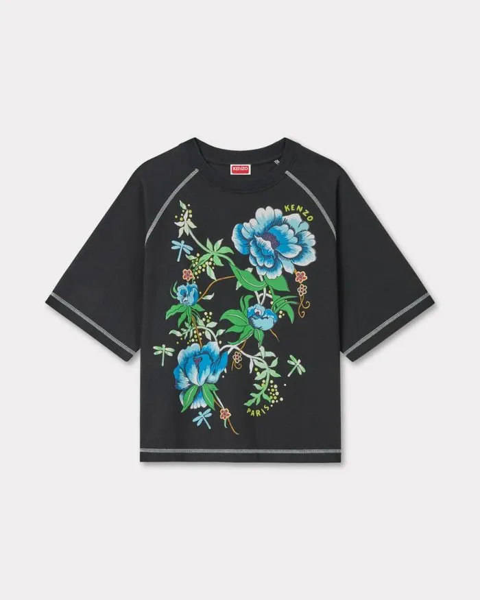 Women 039KENZO Peonies039 Tshirt In Cotton Black Kenzo Tshirts And Polos