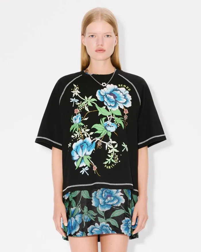 Women 039KENZO Peonies039 Tshirt In Cotton Black Kenzo Tshirts And Polos