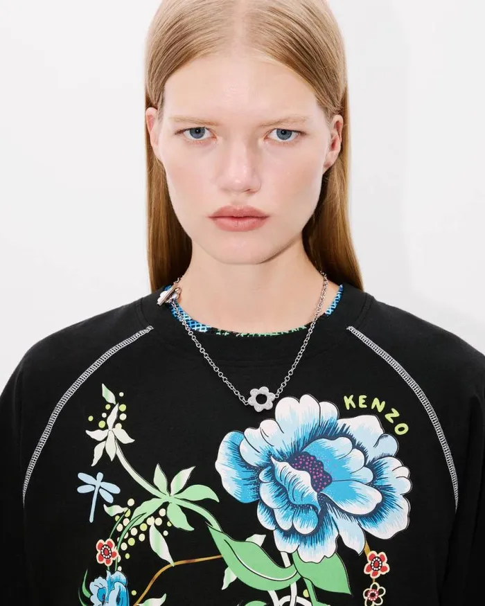 Women 039KENZO Peonies039 Tshirt In Cotton Black Kenzo Tshirts And Polos