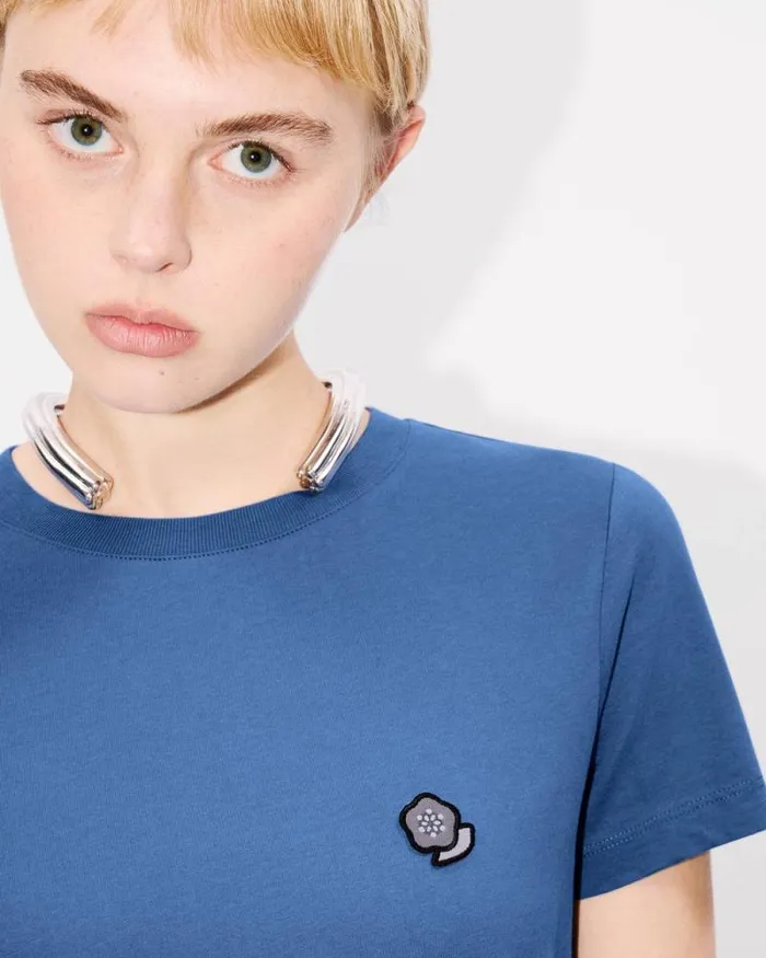 Women 039KENZO Pop039 Embroidered Cotton Tshirt Blue Kenzo Tshirts And Polos