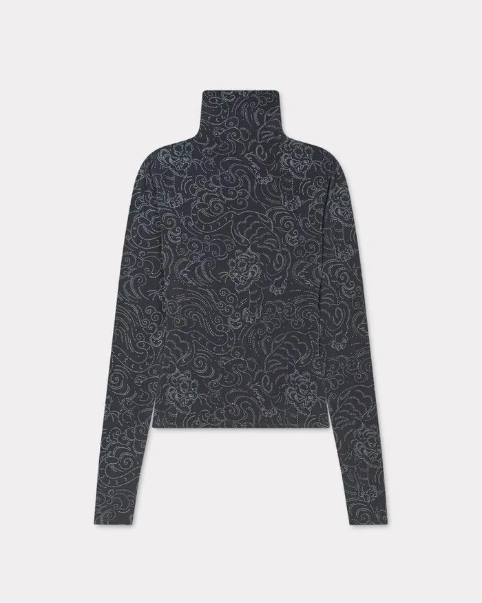 Women 039KENZO Star Tiger039 Allover Turtle Neck Black Kenzo Shirts And Tops