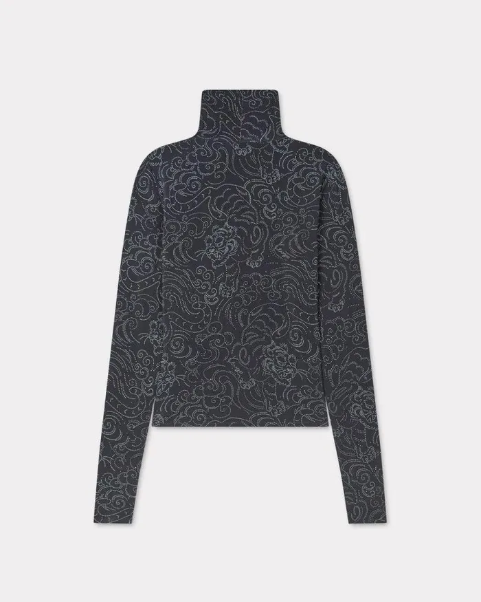 Women 039KENZO Star Tiger039 Allover Turtle Neck Black Kenzo Shirts And Tops