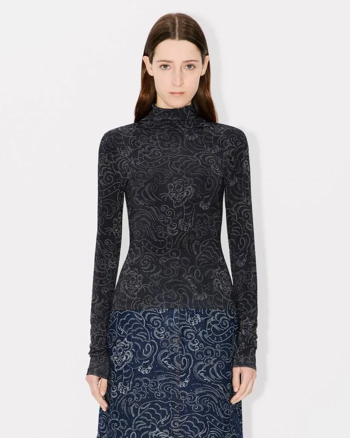 Women 039KENZO Star Tiger039 Allover Turtle Neck Black Kenzo Shirts And Tops