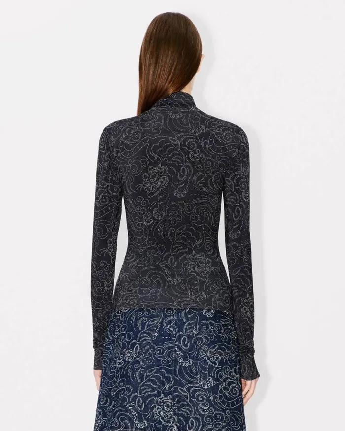 Women 039KENZO Star Tiger039 Allover Turtle Neck Black Kenzo Shirts And Tops