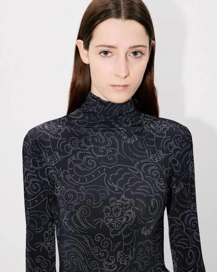 Women 039KENZO Star Tiger039 Allover Turtle Neck Black Kenzo Shirts And Tops