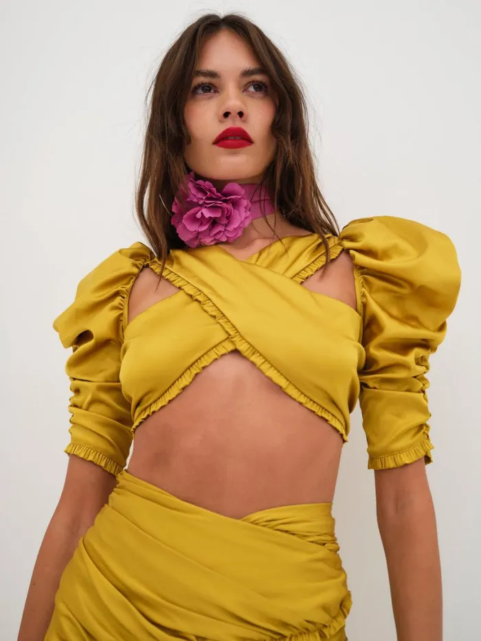Women Alia Cross Front Crop Top Yellow For Love and Lemons Tops