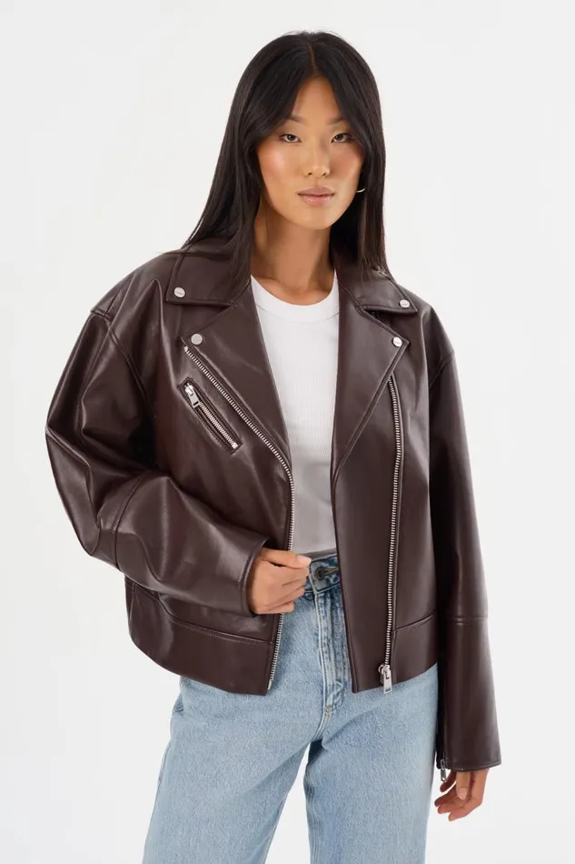 Women ANDRADE Recycled Leather Biker Jacket Mahogany LAMARQUE Leather Jackets