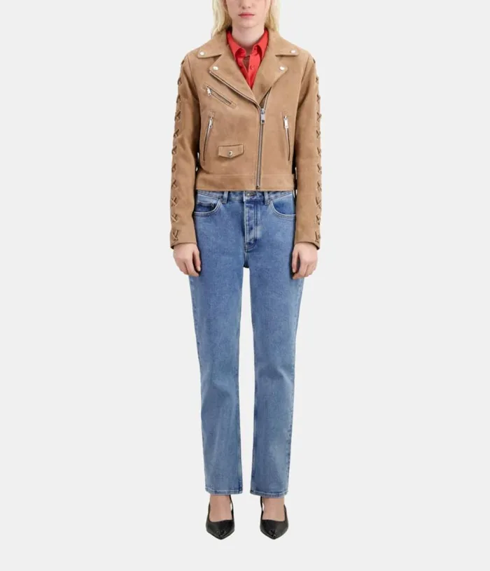Women Beige Suede Leather Biker Jacket THE KOOPLES Coats and Jackets