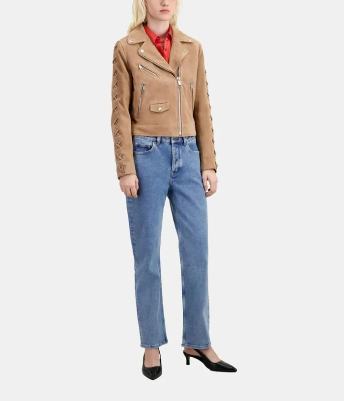Women Beige Suede Leather Biker Jacket THE KOOPLES Coats and Jackets
