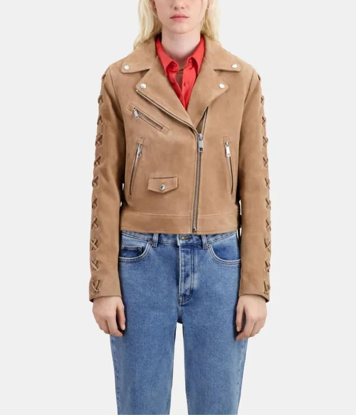 Women Beige Suede Leather Biker Jacket THE KOOPLES Coats and Jackets