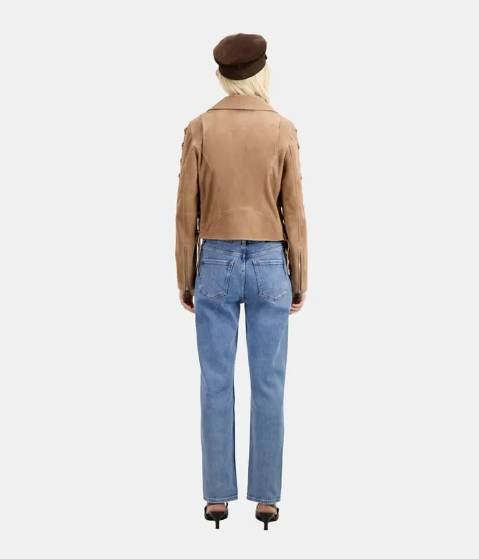 Women Beige Suede Leather Biker Jacket THE KOOPLES Coats and Jackets